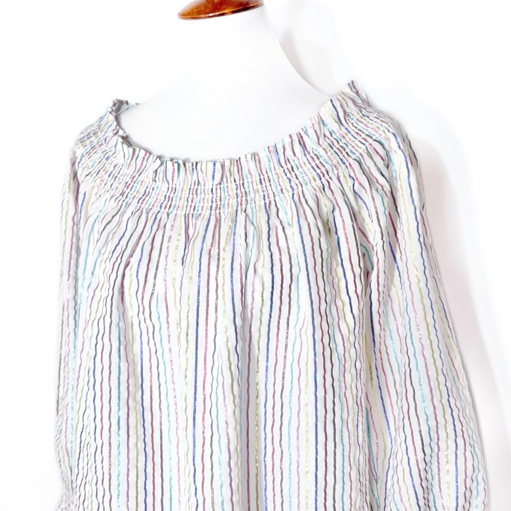 Boden Metallic Colorful Stripe Off The Shoulder Smocked 3/4 Sleeve Peasant Top S - Picture 5 of 13